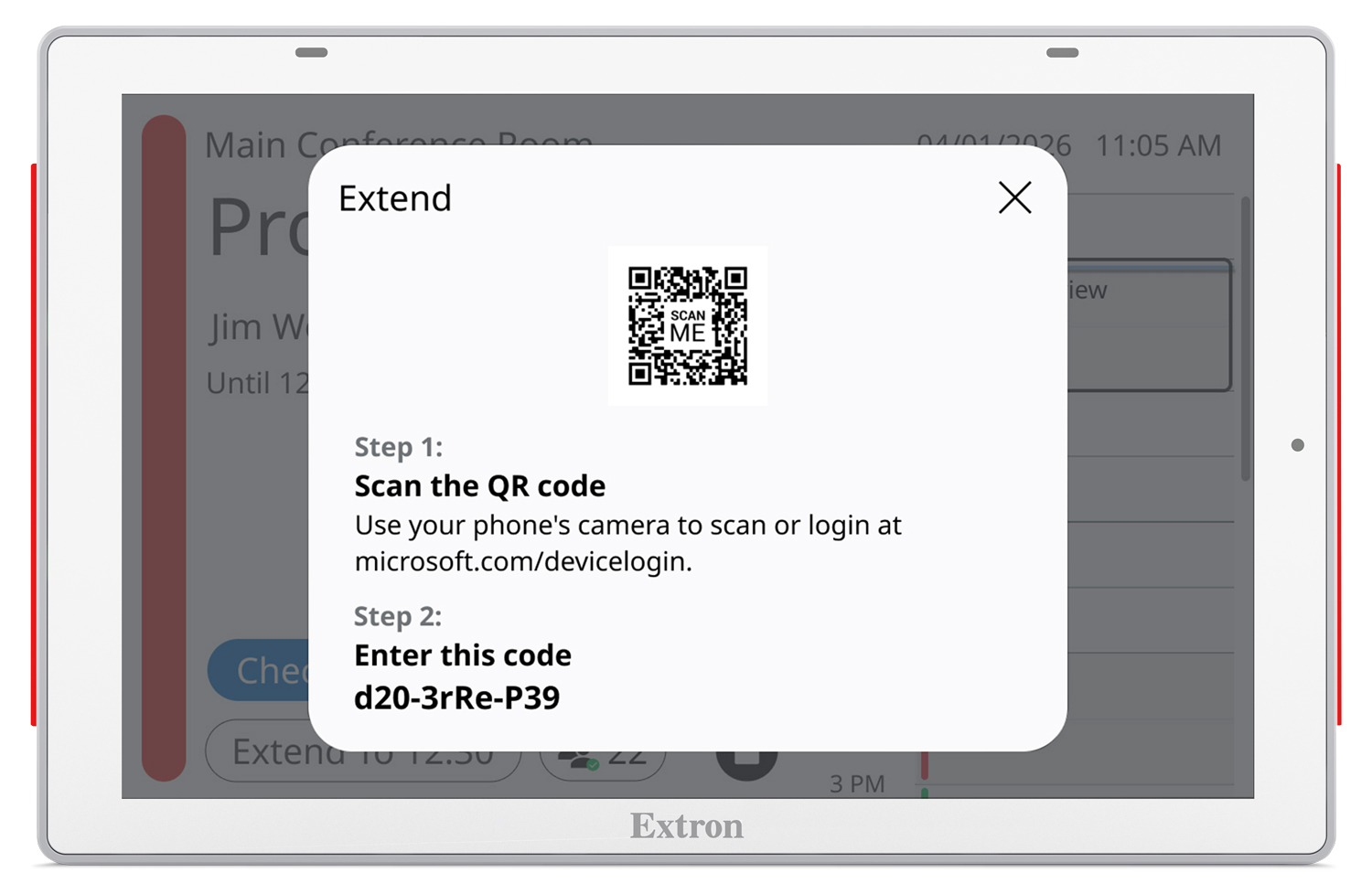 Using Room Agent software, users can scan a QR Code for Microsoft 365 or Google calendars to reserve, check-in, extend, and release meetings at the TLS panel. This room is currently booked, with the option to extend the meeting.